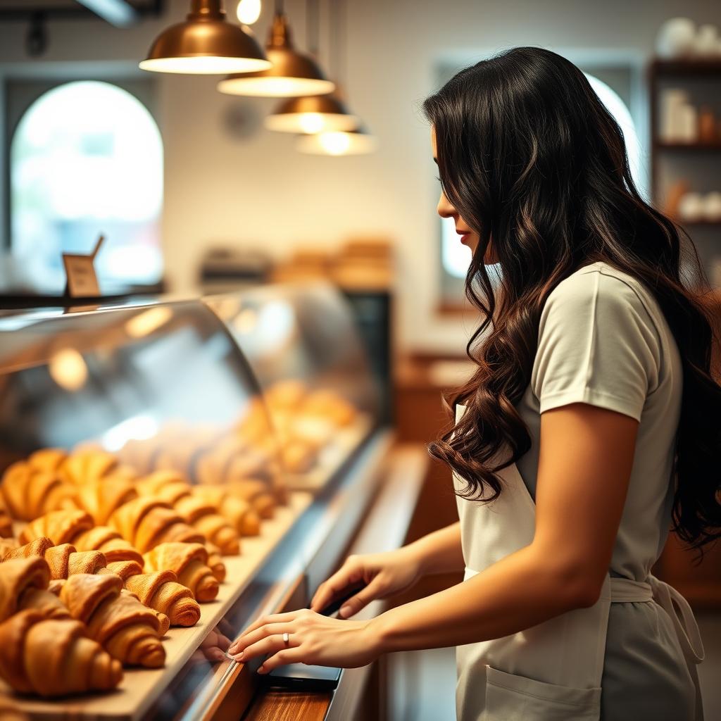 Ashley arranging fresh croissants at the counter